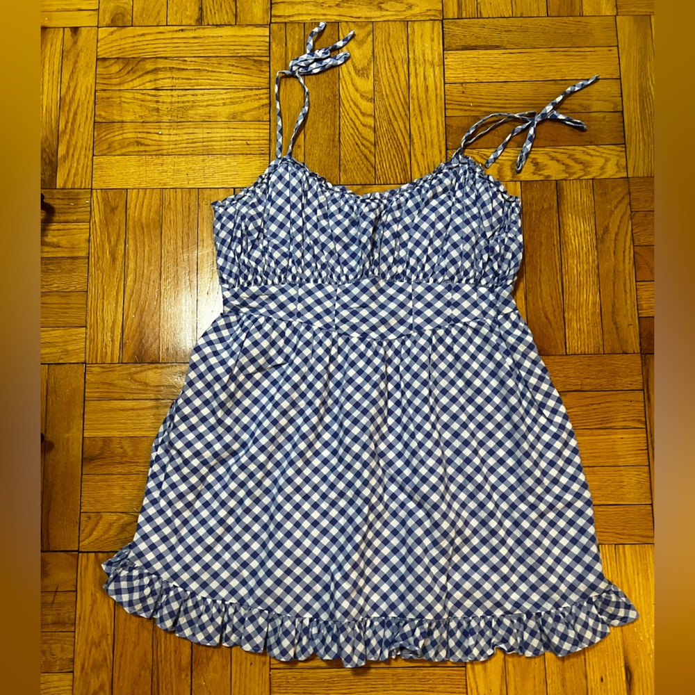 aerie Blue and White Gingham Tie-Strap Sundress